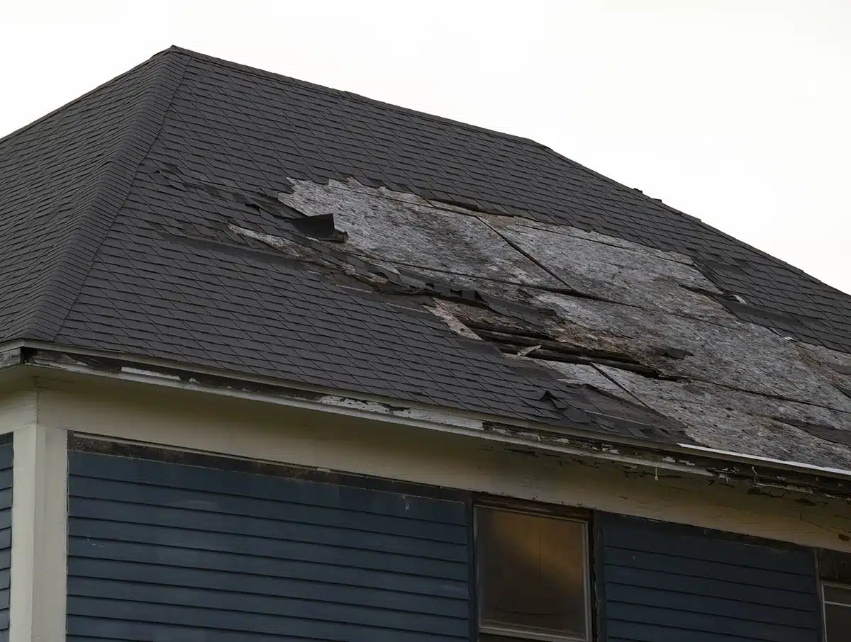 Damaged and old roofing shingles and gutter system on a house