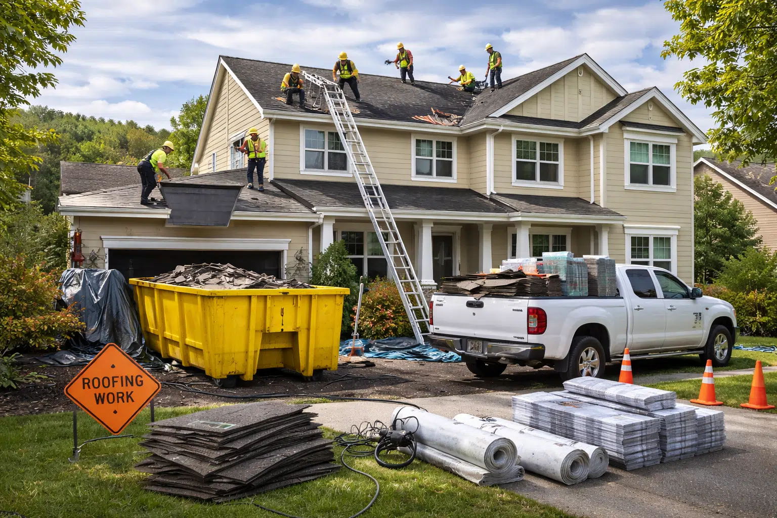 Fortified Roofing contractors performing a complete residential roof replacement with architectural shingles on a two-story home in Camden County, NJ