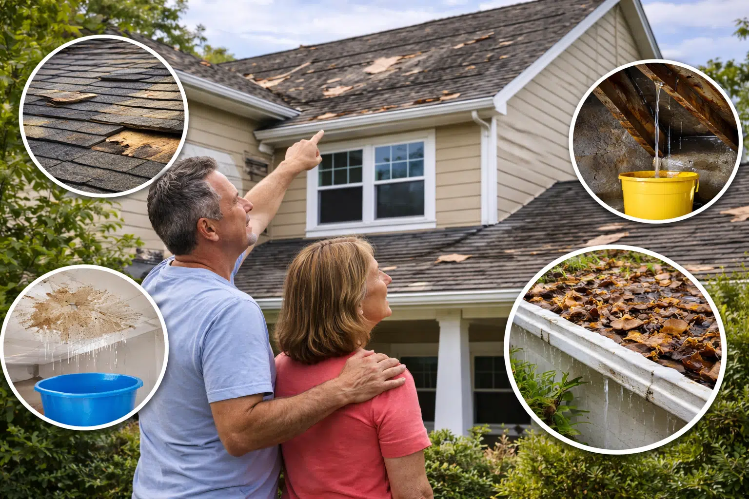 Homeowners identifying severe roof leaks, broken asphalt shingles, and water damage before a certified roof replacement in Camden County, New Jersey.