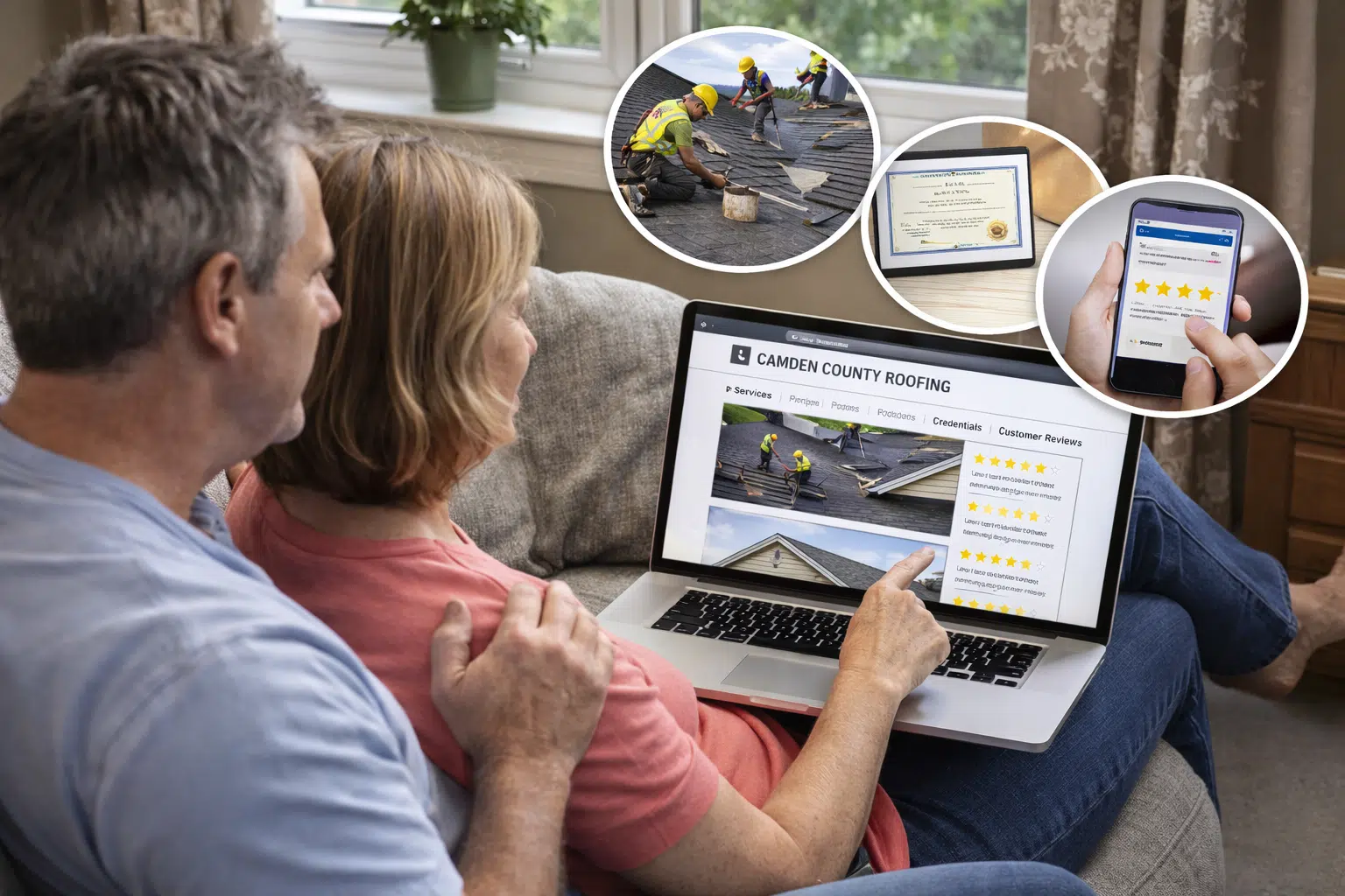Camden County homeowners reviewing top-rated Fortified Roofing's credentials, high safety ratings, and customer satisfaction reviews online.