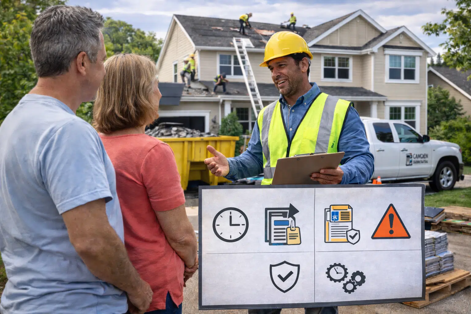 A licensed roofing contractor explaining the storm-resistant roof replacement process and warranty to homeowners in Camden County.