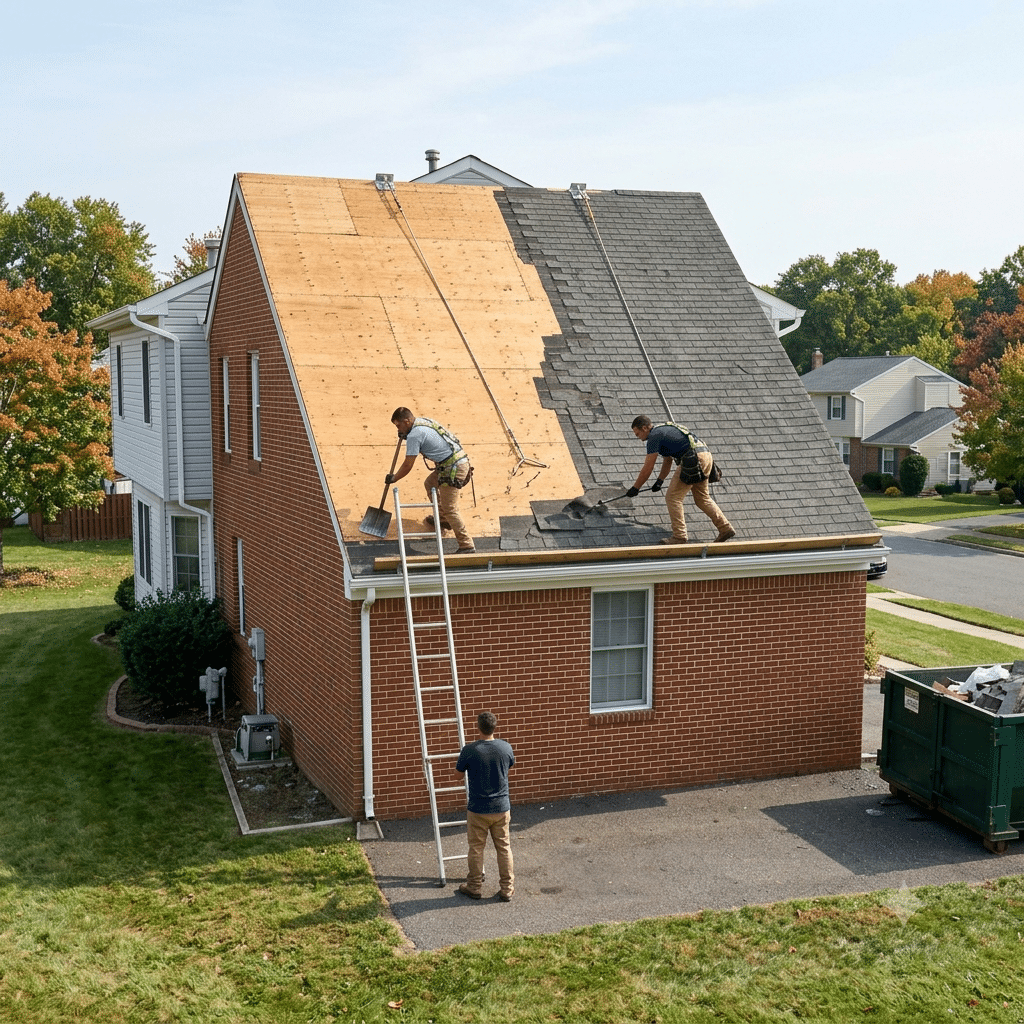 Roofers tied off with safety harnesses during a shingle tear-off on a two-story colonial in Monmouth County, NJ