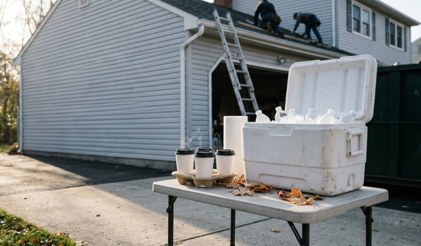 Cooler of bottled water and coffee set out on a driveway table for a roofing crew in NJ