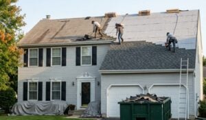 Roofing crew tearing off old shingles and installing new ones on a two-story colonial in NJ, with a dumpster in the driveway