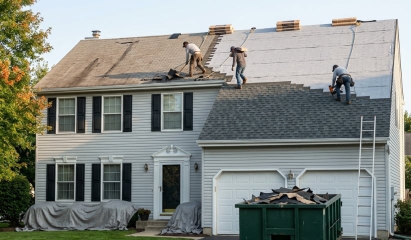Roofing crew tearing off old shingles and installing new ones on a two-story colonial in NJ, with a dumpster in the driveway