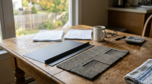 Metal roofing panel and asphalt shingle sample next to roofing estimates on a kitchen table