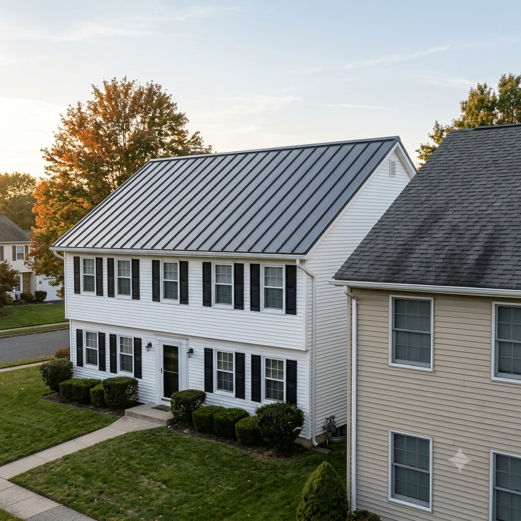 Standing seam metal roof next to asphalt shingle roof on adjacent NJ homes