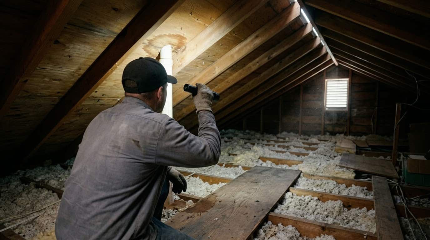 Roofer using a flashlight to check roof decking and a water stain from the attic during an in-person roof estimate in NJ